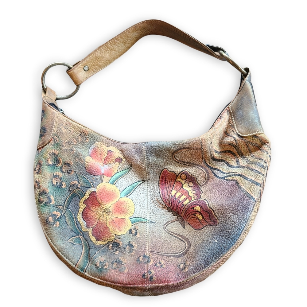 2012 Anuschka Slouch Hobo Purse Bag Leopard Flower Butterfly